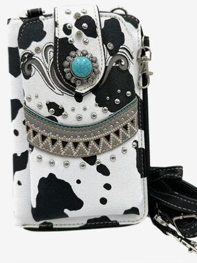 Cowhide-Print Crossbody Phone Bag with Turquoise Concho - Black & White